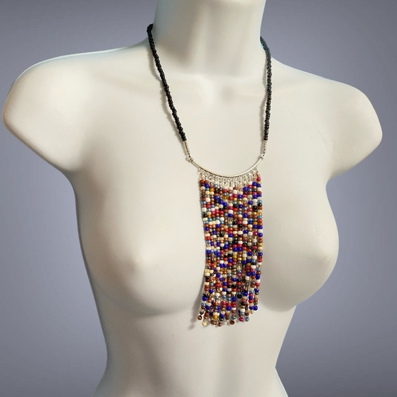 Black Beads With Multi-Colored Seed Beads Fringe Necklace Boho Festival - Picture 6 of 6